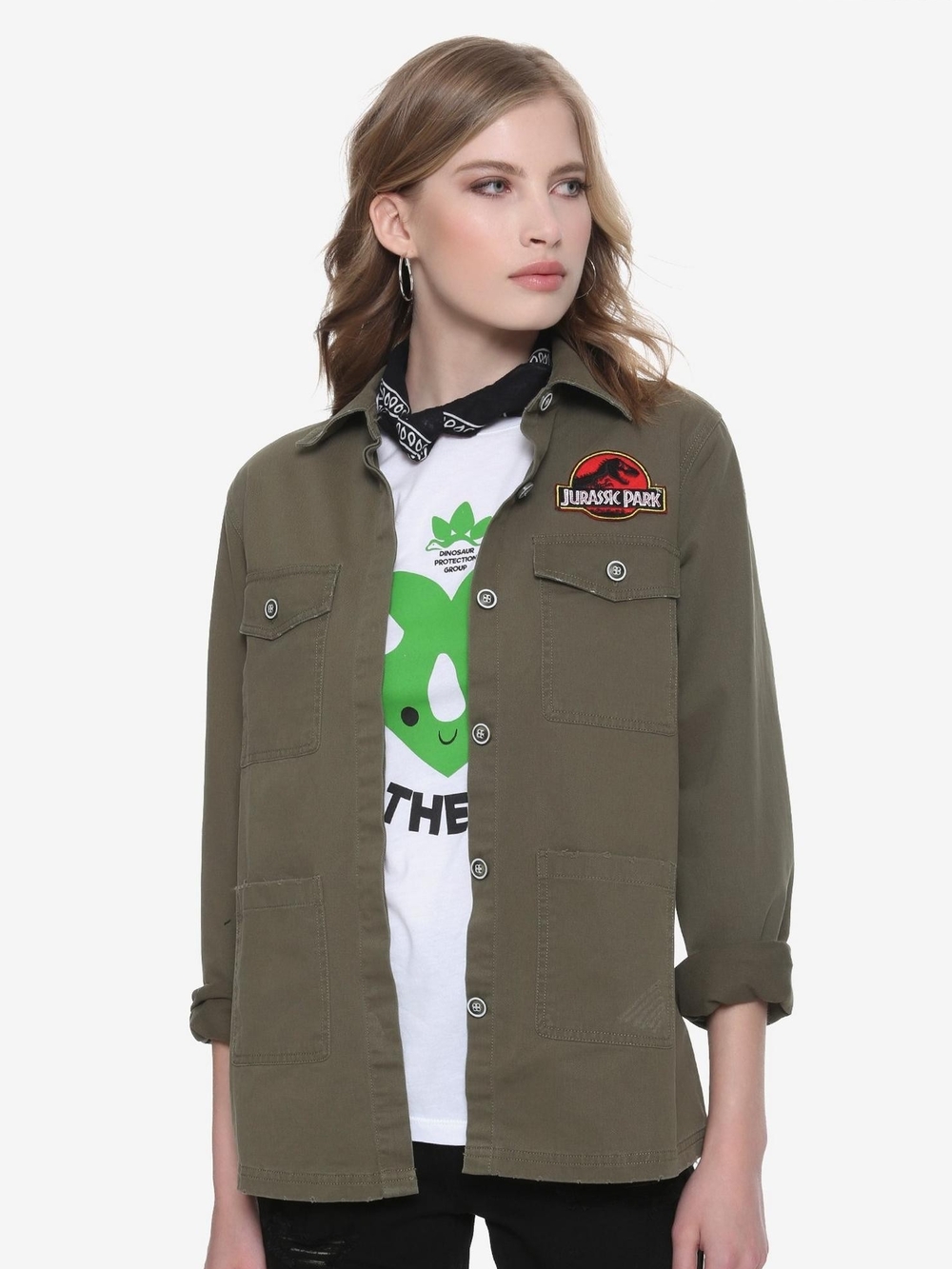Women's Olive Utility Jacket with Jurassic Park Patch Jurassic World Hot Topic